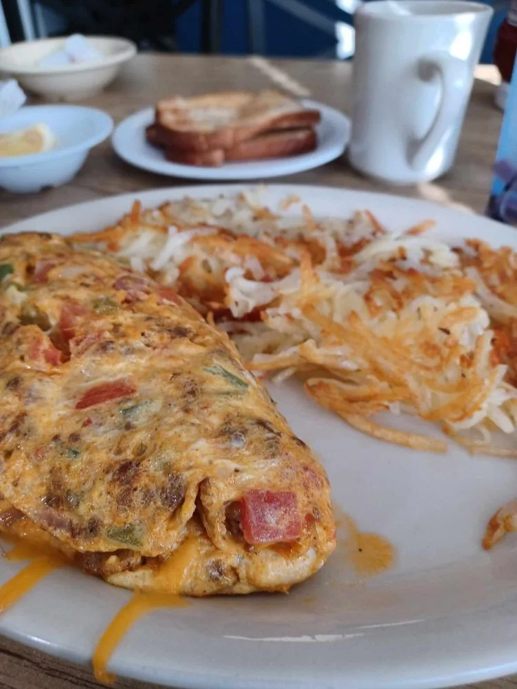 Chorizo omelet with hash browns and toast at City Cafe in South Houston